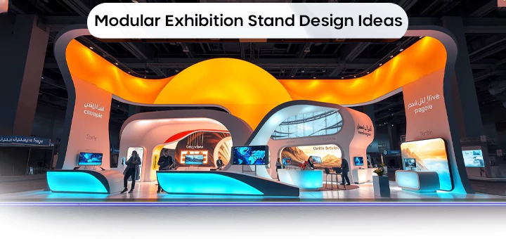 Advantages of modular exhibition stand designs, showcasing a bustling booth with engaging visuals and visitor interaction.