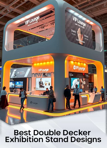 Double-decker exhibition stand designs in Dubai featuring a modern, branded booth with vibrant lighting and interactive displays at a trade show.
