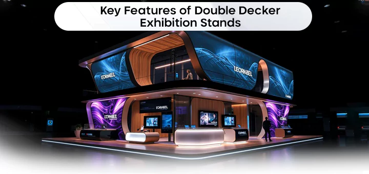 Key features of double-decker exhibition stands, including premium materials, digital screens, and cohesive branding elements.