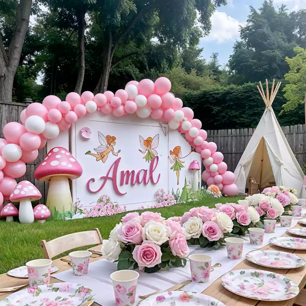 Fairy-themed birthday party with pink and white balloon arch, mushroom decorations, and floral table settings in Dubai. Planned by MRM EVENTS.