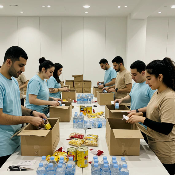 Corporate team in Dubai participating in a CSR team-building activity, packing food and essential supplies for charity and community support initiatives