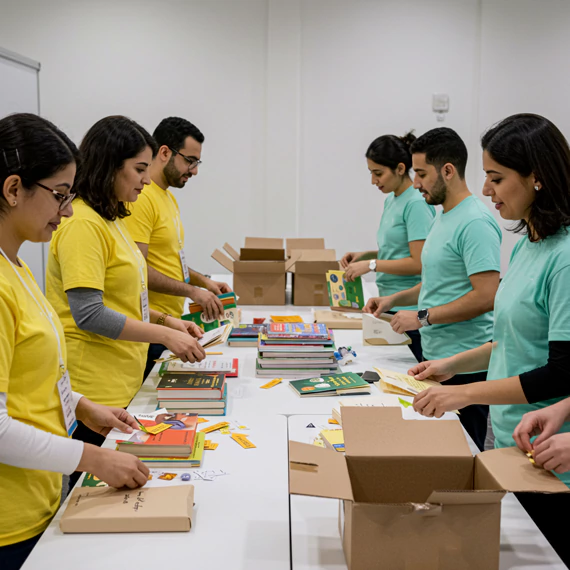 Corporate volunteers in Dubai engaging in a CSR team-building activity, packing books and educational materials for community donation and social impact