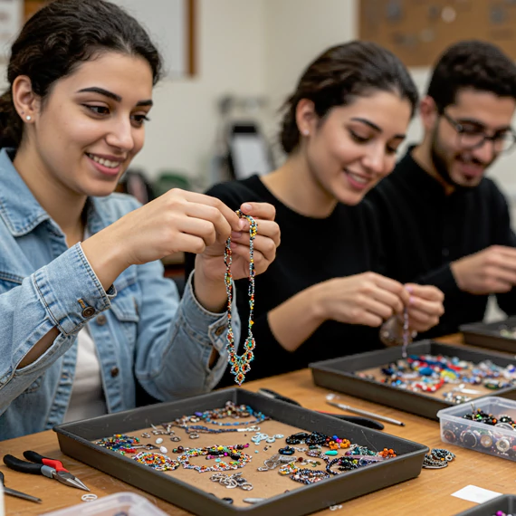 Corporate professionals participating in a jewelry-making workshop in Dubai, crafting unique beaded designs as part of a creative corporate experience.