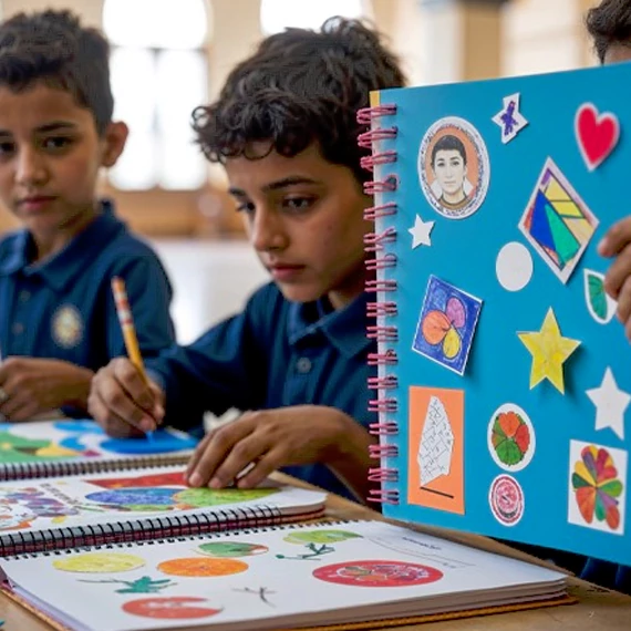 Kids decorating notebooks with colorful stickers and drawings in a creative workshop in Dubai. A fun hands-on activity designed by event planners in Dubai