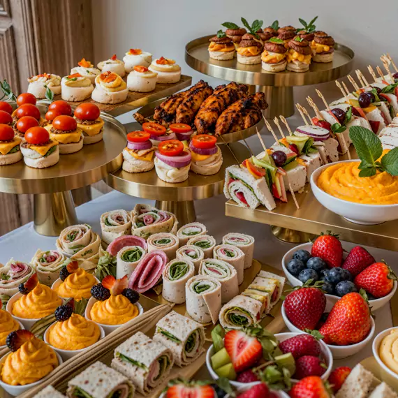 Elegant private catering display featuring gourmet canapés, fresh fruit, grilled skewers, and artistic appetizers, perfect for upscale events in Duba