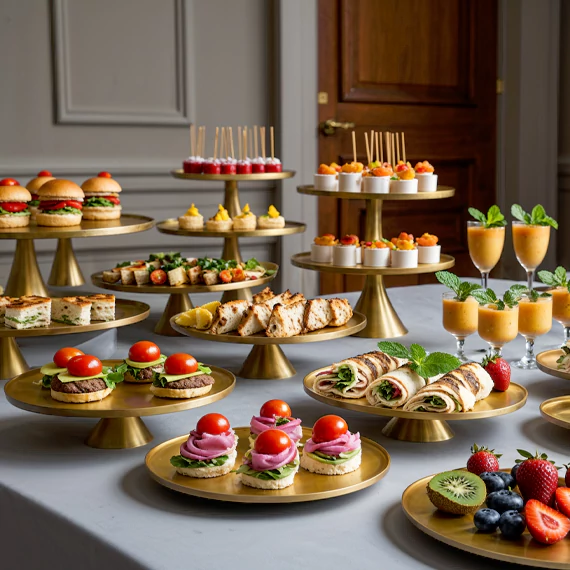 Luxury private catering with gourmet canapés, sliders, fresh wraps, and elegant desserts, curated for premium corporate and private events in Dubai
