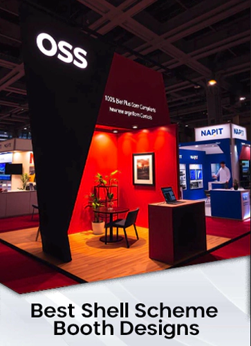 Shell scheme booth designs in Dubai featuring adaptable layouts and sleek materials.